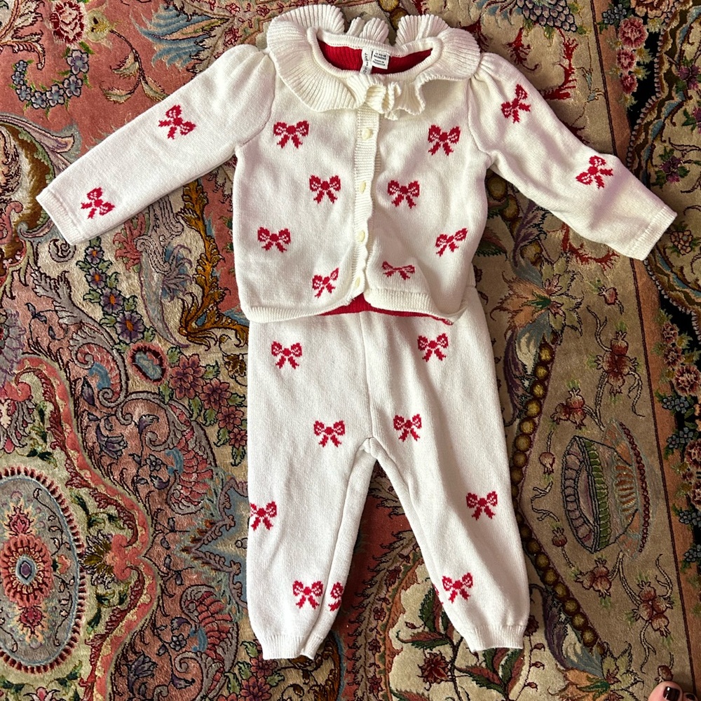 Janie & Jack 100% Cotton Ruffled Collar Bow Print Set Baby Girl 12-18 Months